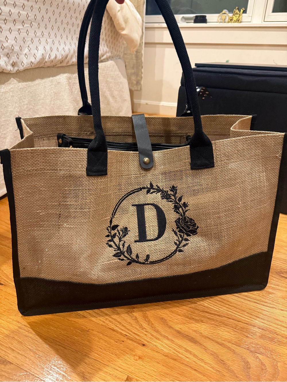Monogram D Jute Tote Bag with Black Trim